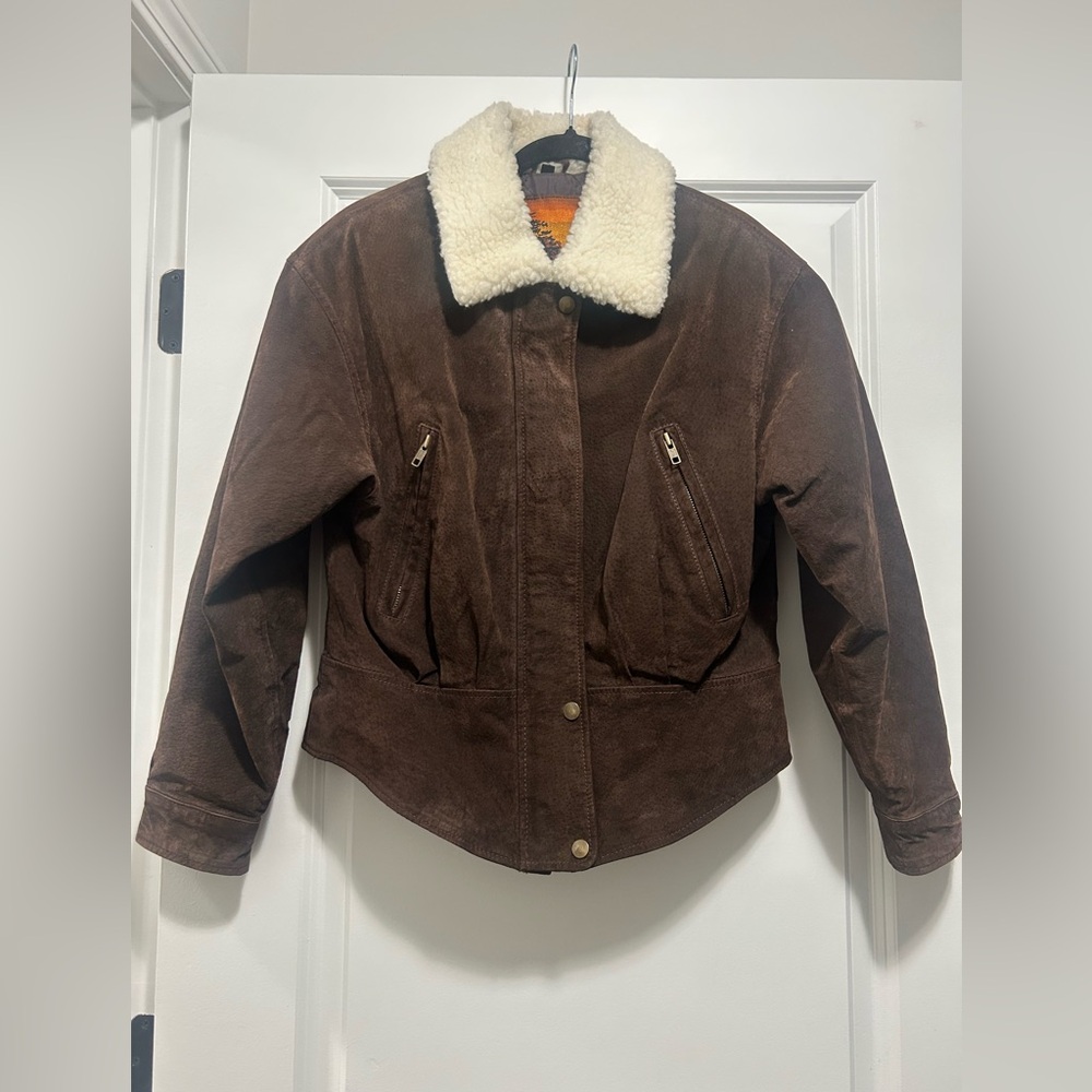 Vintage women OutBrook Brown Shearling Collar corset leather jacket Jacket